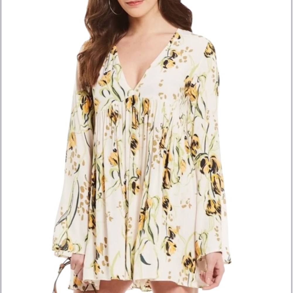 Free People Bella Floral Tunic Top Long Sleeve V Neck Ivory Yellow Size Small‎